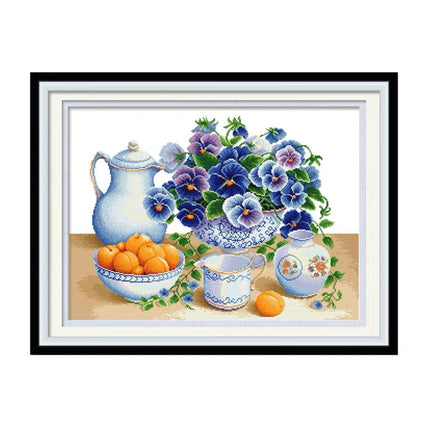 Bowl of Fruits and Purple Flowers Stamped Cross Stitch Kit, 28" x 21"