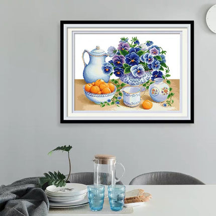 Bowl of Fruits and Purple Flowers Stamped Cross Stitch Kit, 28" x 21"