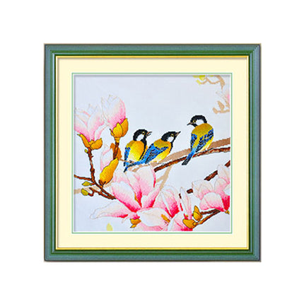 Three Birds Sitting on A Branch Blooming Pink Flower Stamped Cross Stitch Kit, 19.3" x 19.3"