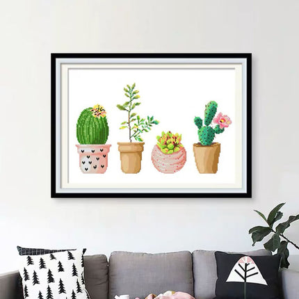 Succulent Plant Cactus Pot Stamped Cross Stitch Kit, 19.7" x 15.0"