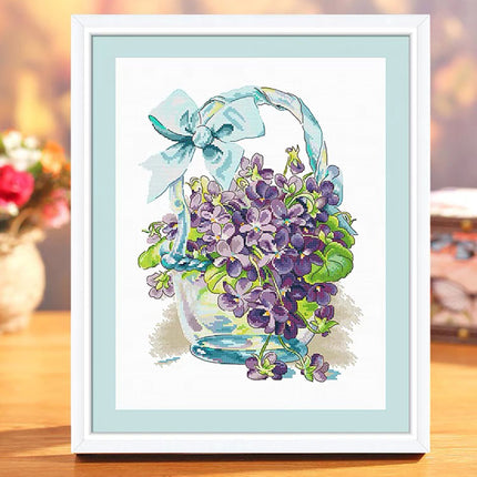 Forget-Me-Not Flower Basket Stamped Cross Stitch Kit, 15.8" x 19.7"