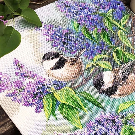 Two Birds and Lilacs Stamped Cross Stitch Kit, 19.7" x 23.6"