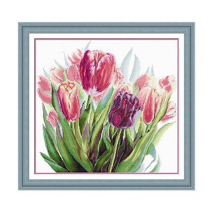 Watercolor Tulips in Bloom Stamped Cross Stitch Kit, 25.6" x 25.6"