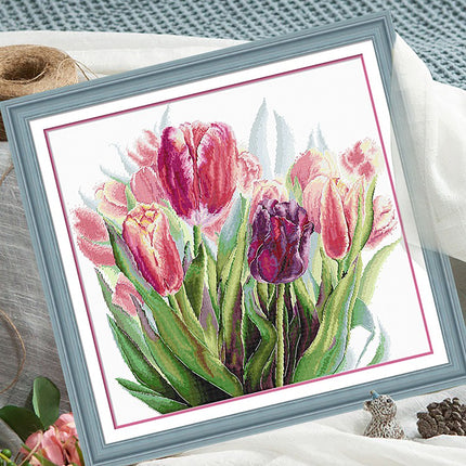 Watercolor Tulips in Bloom Stamped Cross Stitch Kit, 25.6" x 25.6"