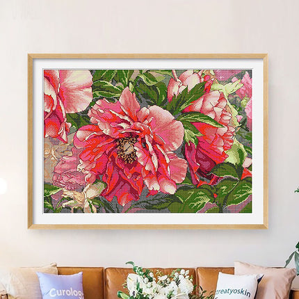 Coral Peony Stamped Cross Stitch Kit, 23.6" x 17.7"