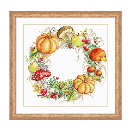 Pumpkin Mushroom Wreath Stamped Cross Stitch Kit, 17.7" x 17.7"