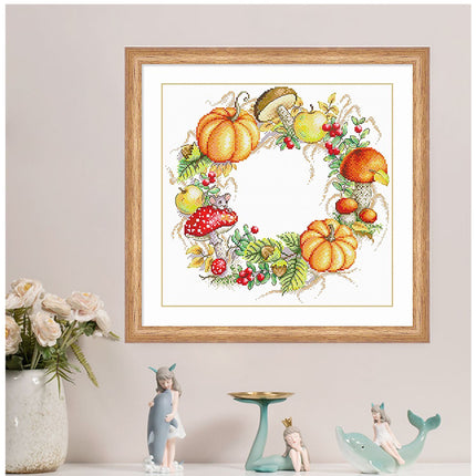 Pumpkin Mushroom Wreath Stamped Cross Stitch Kit, 17.7" x 17.7"