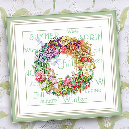 Four Seasons Flower Wreath Stamped Cross Stitch Kit, 27.6" x 25.6"