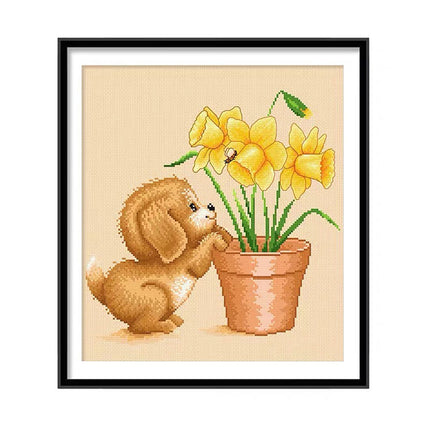 Cute Dog Frolicking with Insect Stamped Cross Stitch Kit, 16.1" x 18.9"