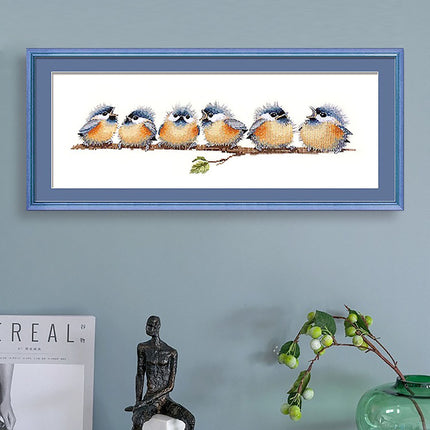 Six Singing Birds on Branch Stamped Cross Stitch Kit, 19.7" x 8.7"