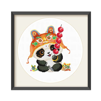 Cute Panda Enjoying Candy Apples Stamped Cross Stitch Kit, 19.7" x 19.7"