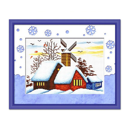 Winter House in Snow Stamped Cross Stitch Kit, 20.5" x 15.4"