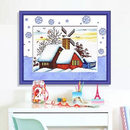 Winter House in Snow Stamped Cross Stitch Kit, 20.5" x 15.4"