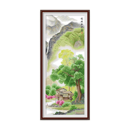 Spring River Mountain Landscape Stamped Cross Stitch Kit, 18.9" x 44.5"