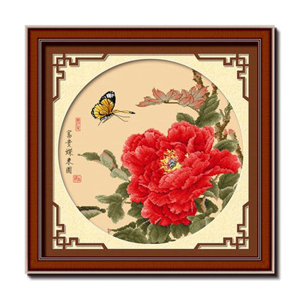 Butterfly and Red Peony Blossom Stamped Cross Stitch Kit, 23.6" x 23.6"