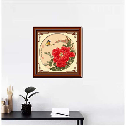 Butterfly and Red Peony Blossom Stamped Cross Stitch Kit, 23.6" x 23.6"