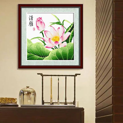 Blooming Lotus Flower Stamped Cross Stitch Kit, 18.9" x 18.9"