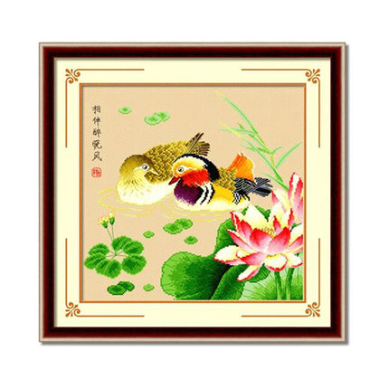 Mandarin Ducks in Playful Harmony Stamped Cross Stitch Kit, 19.3" x 19.3"