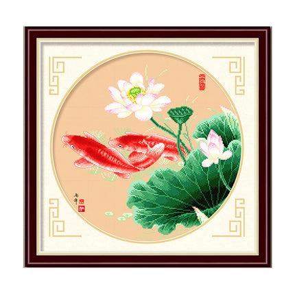 Koi Fish and Lotus Flowers Stamped Cross Stitch Kit, 19.3" x 19.3"