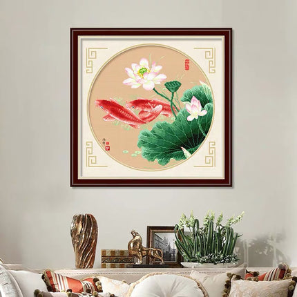 Koi Fish and Lotus Flowers Stamped Cross Stitch Kit, 19.3" x 19.3"