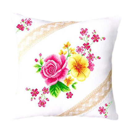 Blossoming Rose and Wild Flowers Floral Design Cross Stitch Pillow Kit, 18" x 18"